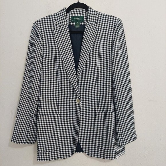 Lauren Ralph Lauren Jackets & Blazers - Lauren Ralph Lauren Vtg 80s Linen Navy Checkered Long Blazer Jacket Pockets Sz 8